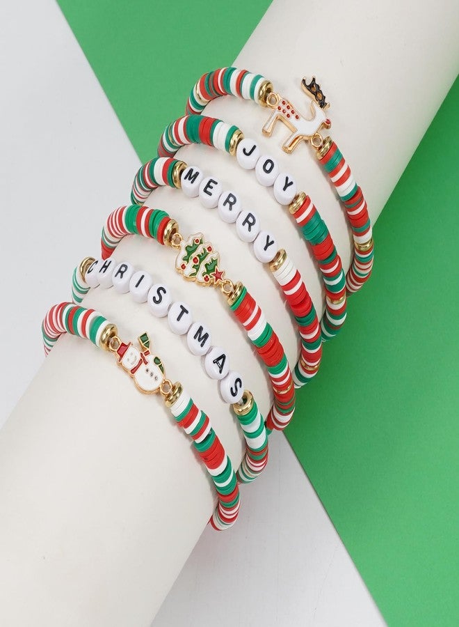 Lonext 6pcs Christmas Bracelets for Women Polymer Clay Stackable Stretch XMAS Gift Beaded Bracelets - Image 4